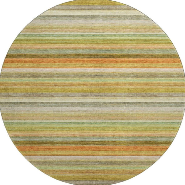 HomeRoots 8' Striped Washable Round Rug in Fern Green, Orange, and Beige - UV Protected for Indoor/Outdoor Use 648037