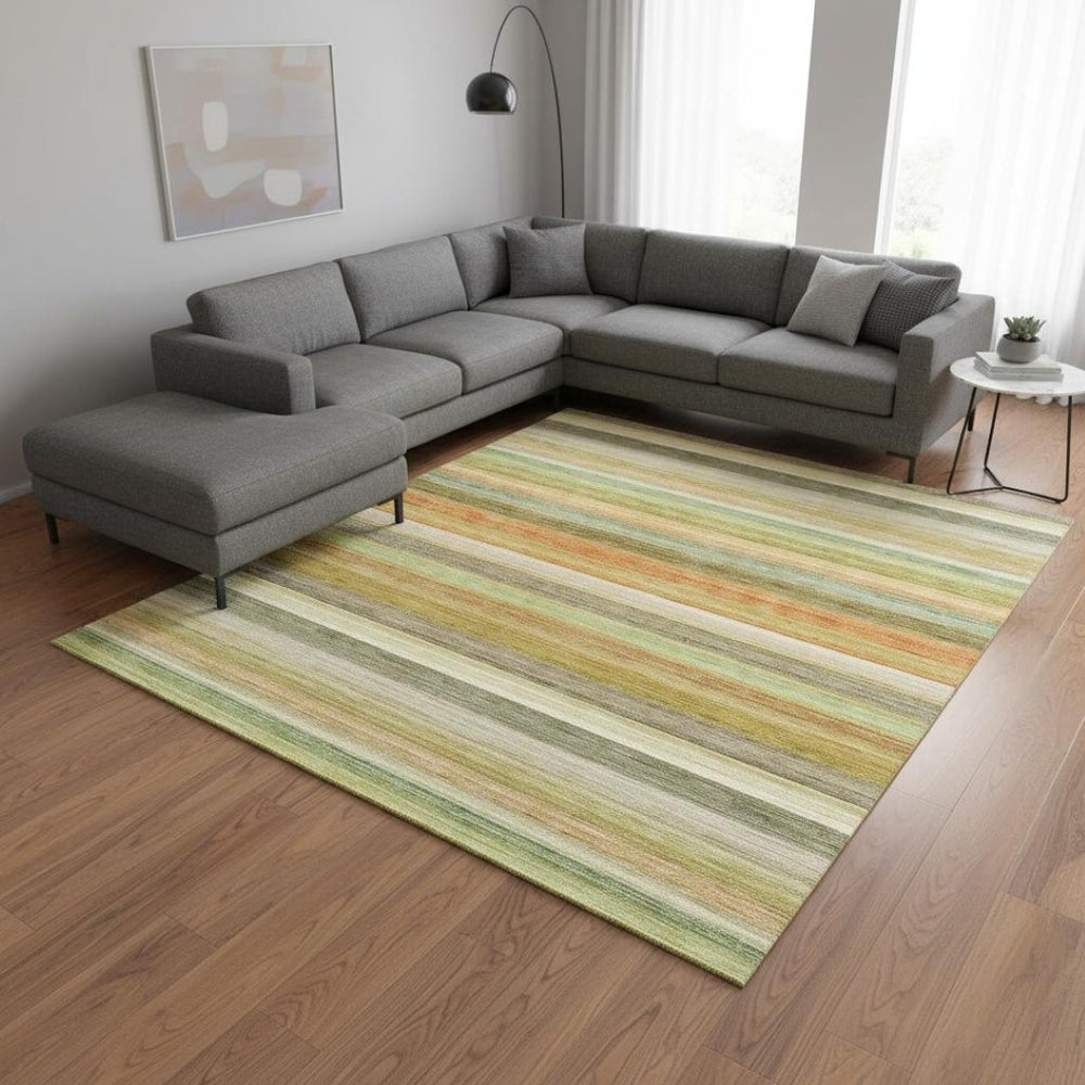 HomeRoots 8' X 10' Washable Area Rug in Fern Green, Orange & Beige - Durable, UV Protected, Pet-Friendly Design 648038