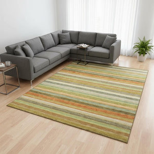 HomeRoots 9' X 12' Striped Area Rug in Fern Green, Orange & Beige - Stain-Resistant, UV Protected & Easy Care! 648039