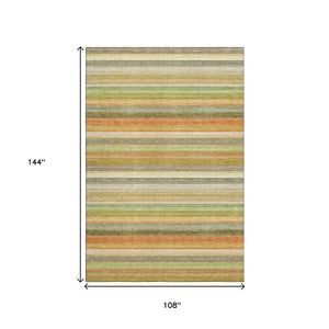 HomeRoots 9' X 12' Striped Area Rug in Fern Green, Orange & Beige - Stain-Resistant, UV Protected & Easy Care! 648039