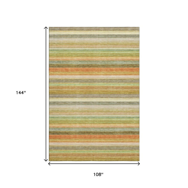HomeRoots 9' X 12' Striped Area Rug in Fern Green, Orange & Beige - Stain-Resistant, UV Protected & Easy Care! 648039