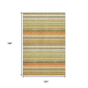 HomeRoots 10' X 14' Striped Washable Area Rug in Fern Green, Orange, and Beige – UV Protected for Durability 648040