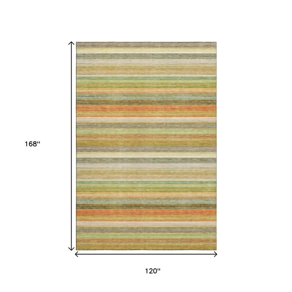 HomeRoots 10' X 14' Striped Washable Area Rug in Fern Green, Orange, and Beige – UV Protected for Durability 648040