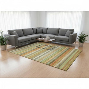 HomeRoots 10' X 14' Striped Washable Area Rug in Fern Green, Orange, and Beige – UV Protected for Durability 648040