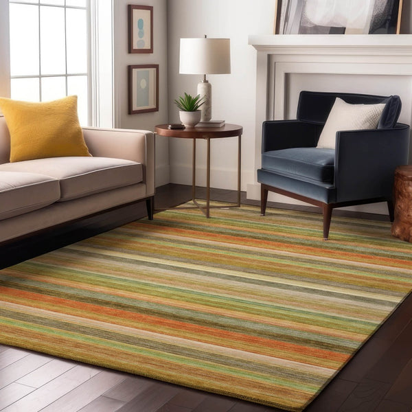 HomeRoots 10' X 14' Striped Washable Area Rug in Fern Green, Orange, and Beige – UV Protected for Durability 648040