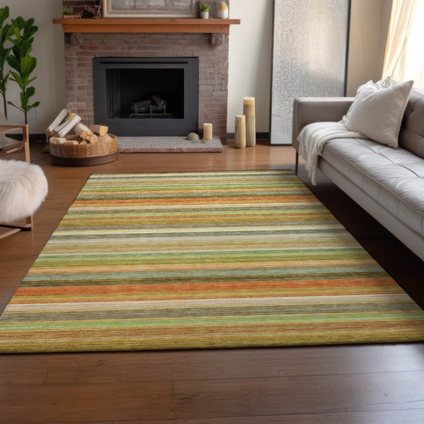 HomeRoots 10' X 14' Striped Washable Area Rug in Fern Green, Orange, and Beige – UV Protected for Durability 648040