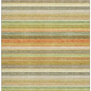 HomeRoots 10' X 14' Striped Washable Area Rug in Fern Green, Orange, and Beige – UV Protected for Durability 648040