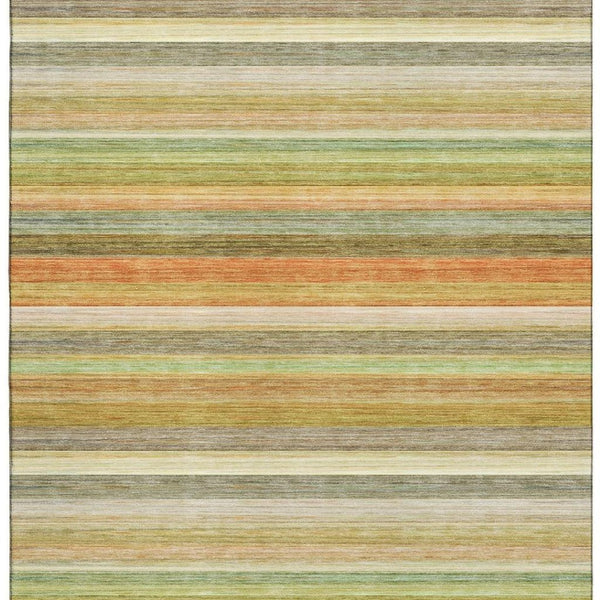 HomeRoots 10' X 14' Striped Washable Area Rug in Fern Green, Orange, and Beige – UV Protected for Durability 648040