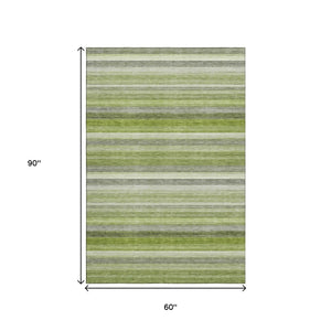 HomeRoots 5' X 8' Striped Fern Green Ivory Gray Area Rug – Washable, UV-Protected, Non-Slip for High Traffic Areas 648042