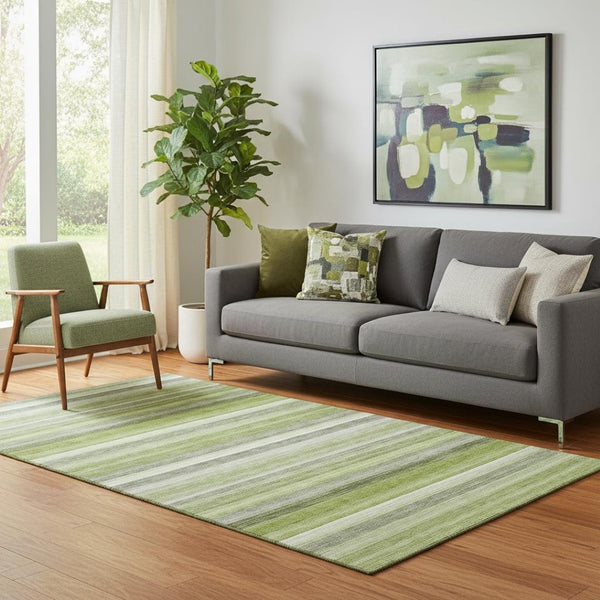 HomeRoots 5' X 8' Striped Fern Green Ivory Gray Area Rug – Washable, UV-Protected, Non-Slip for High Traffic Areas 648042