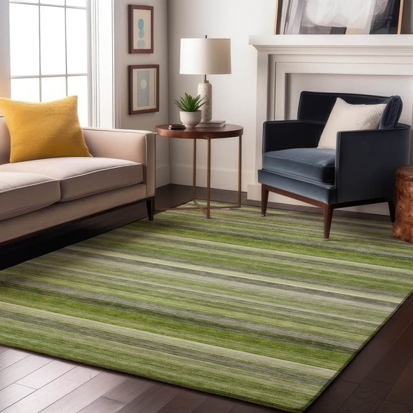 HomeRoots 5' X 8' Striped Fern Green Ivory Gray Area Rug – Washable, UV-Protected, Non-Slip for High Traffic Areas 648042