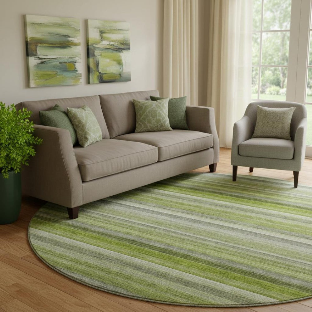 HomeRoots 8' Stylish Washable Round Rug in Fern Green, Ivory & Gray Stripes with UV Protection & Stain Resistance 648043