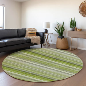 HomeRoots 8' Stylish Washable Round Rug in Fern Green, Ivory & Gray Stripes with UV Protection & Stain Resistance 648043