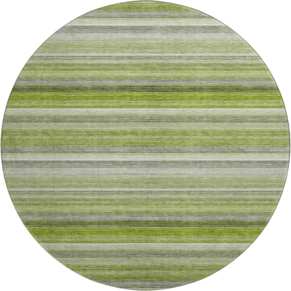 HomeRoots 8' Stylish Washable Round Rug in Fern Green, Ivory & Gray Stripes with UV Protection & Stain Resistance 648043