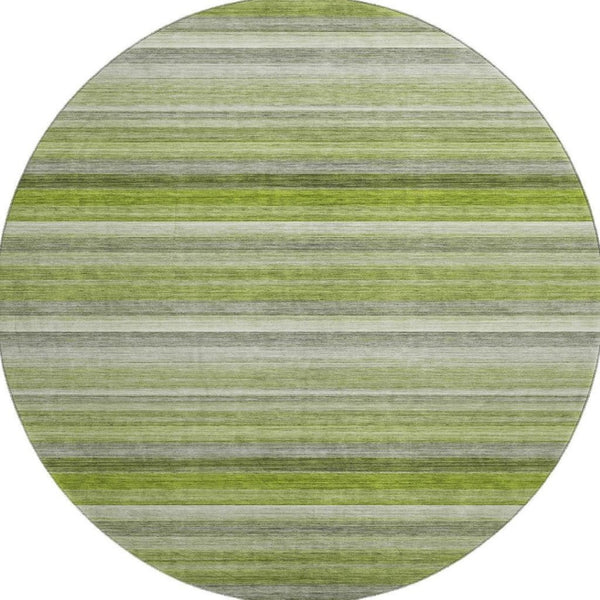 HomeRoots 8' Stylish Washable Round Rug in Fern Green, Ivory & Gray Stripes with UV Protection & Stain Resistance 648043