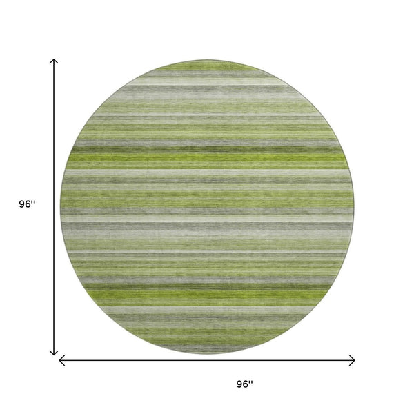 HomeRoots 8' Stylish Washable Round Rug in Fern Green, Ivory & Gray Stripes with UV Protection & Stain Resistance 648043