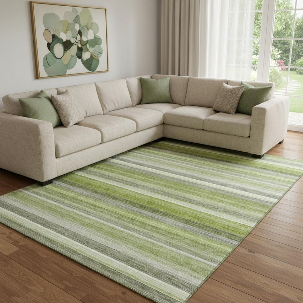 HomeRoots 8' X 10' Stylish Fern Green, Ivory & Gray Striped Washable Area Rug with UV Protection & Durability 648044