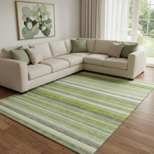 HomeRoots 8' X 10' Stylish Fern Green, Ivory & Gray Striped Washable Area Rug with UV Protection & Durability 648044