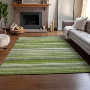 HomeRoots 8' X 10' Stylish Fern Green, Ivory & Gray Striped Washable Area Rug with UV Protection & Durability 648044