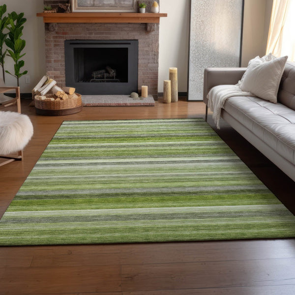 HomeRoots 8' X 10' Stylish Fern Green, Ivory & Gray Striped Washable Area Rug with UV Protection & Durability 648044