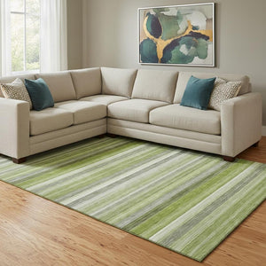 HomeRoots 9' X 12' Fern Green Striped Area Rug - Washable, UV Protected, Durable & Stylish for Busy Homes 648045