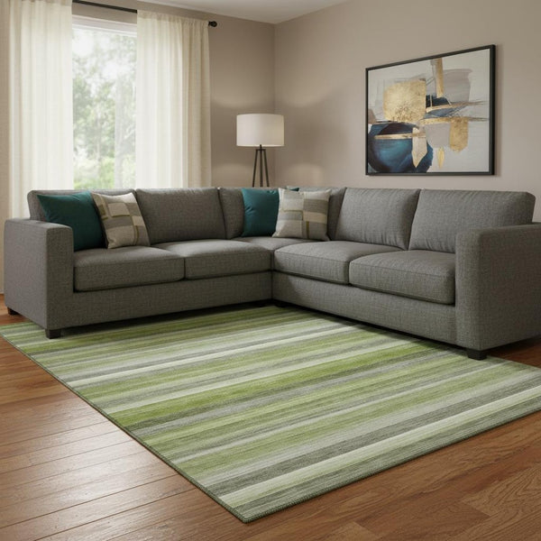 HomeRoots 10' X 14' Fern Green Ivory Gray Striped Washable Area Rug - UV Protected, Durable & Easy-Clean Design 648046