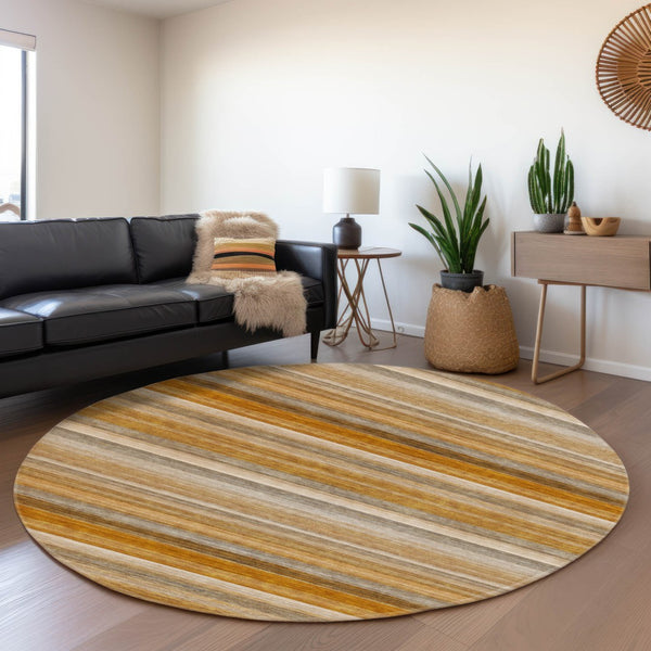 HomeRoots 8' Washable Round Rug in Rust, Gray & Ivory Stripes - UV Protected, Durable & Easy to Clean Design 648049