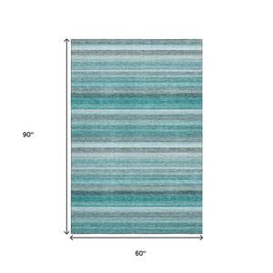 HomeRoots 5' X 8' Teal Gray Ivory Striped Washable Area Rug - UV Protection, Stain Resistant & Easy Care! 648054