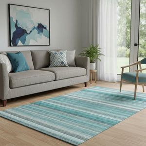 HomeRoots 5' X 8' Teal Gray Ivory Striped Washable Area Rug - UV Protection, Stain Resistant & Easy Care! 648054