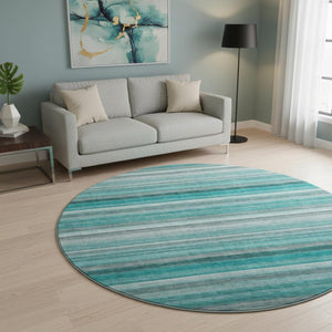 HomeRoots 8' Teal Gray and Ivory Striped Washable Round Rug - Durable, Stain-Resistant, UV Protected Design 648055