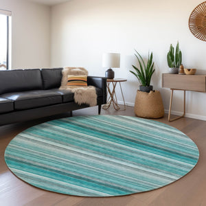 HomeRoots 8' Teal Gray and Ivory Striped Washable Round Rug - Durable, Stain-Resistant, UV Protected Design 648055