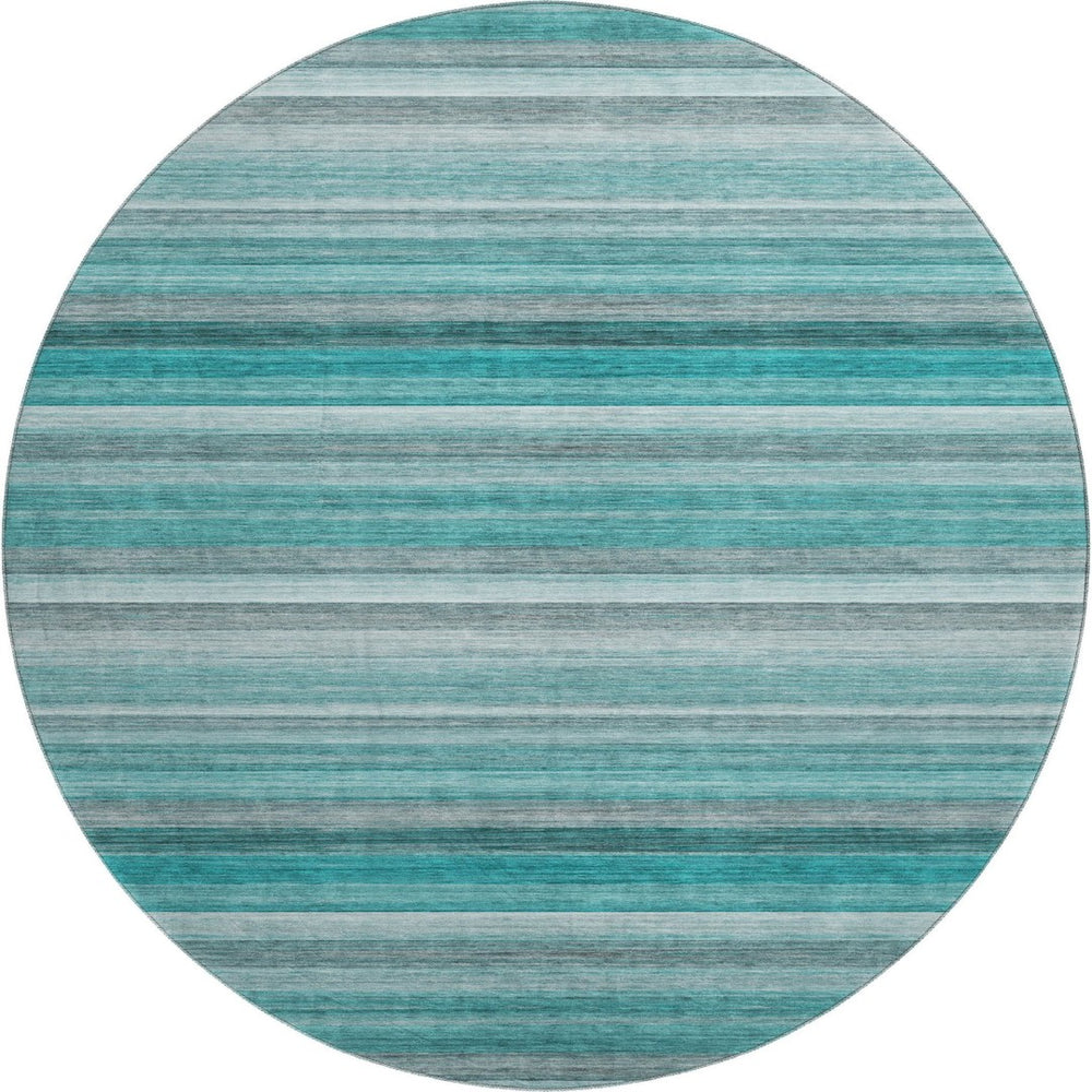 HomeRoots 8' Teal Gray and Ivory Striped Washable Round Rug - Durable, Stain-Resistant, UV Protected Design 648055
