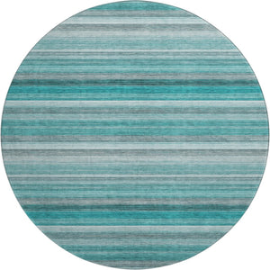 HomeRoots 8' Teal Gray and Ivory Striped Washable Round Rug - Durable, Stain-Resistant, UV Protected Design 648055