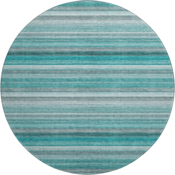 HomeRoots 8' Teal Gray and Ivory Striped Washable Round Rug - Durable, Stain-Resistant, UV Protected Design 648055