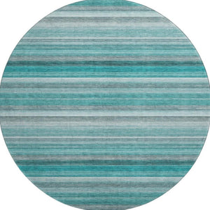HomeRoots 8' Teal Gray and Ivory Striped Washable Round Rug - Durable, Stain-Resistant, UV Protected Design 648055