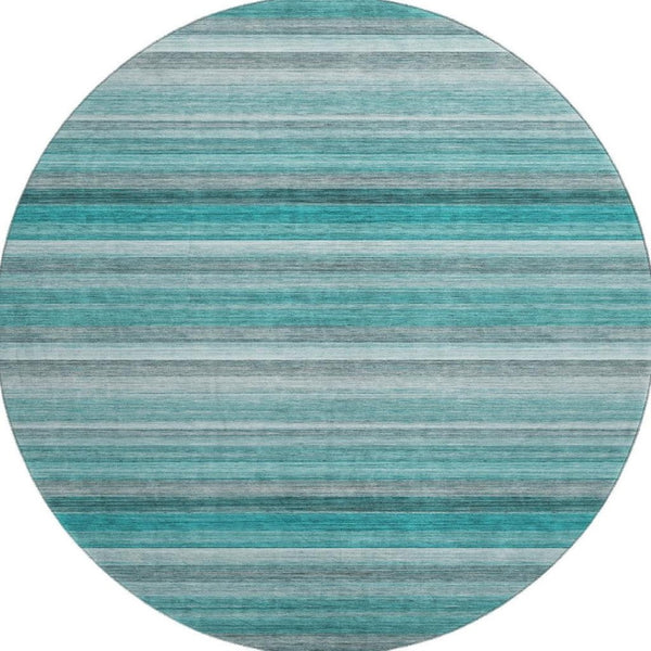 HomeRoots 8' Teal Gray and Ivory Striped Washable Round Rug - Durable, Stain-Resistant, UV Protected Design 648055