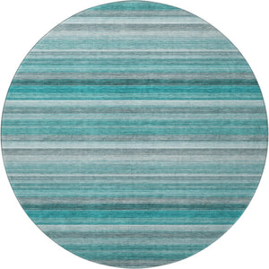 HomeRoots 8' Teal Gray and Ivory Striped Washable Round Rug - Durable, Stain-Resistant, UV Protected Design 648055