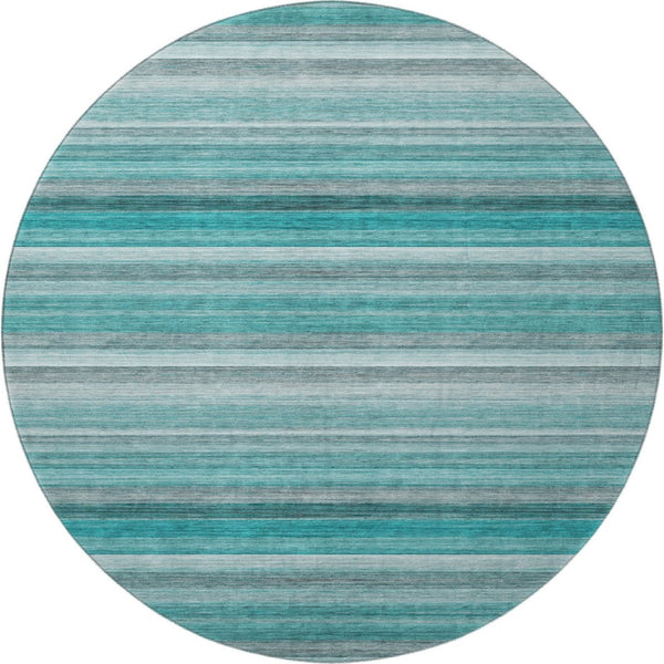 HomeRoots 8' Teal Gray and Ivory Striped Washable Round Rug - Durable, Stain-Resistant, UV Protected Design 648055