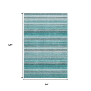 HomeRoots 8' X 10' Stylish Teal, Gray & Ivory Striped Area Rug - Durable, Washable, UV Protected for Easy Care 648056