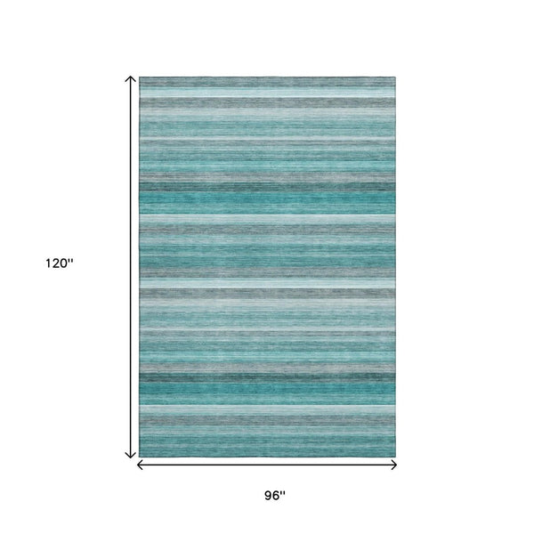 HomeRoots 8' X 10' Stylish Teal, Gray & Ivory Striped Area Rug - Durable, Washable, UV Protected for Easy Care 648056
