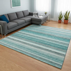 HomeRoots 8' X 10' Stylish Teal, Gray & Ivory Striped Area Rug - Durable, Washable, UV Protected for Easy Care 648056