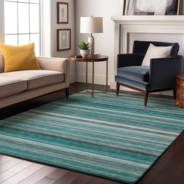 HomeRoots 8' X 10' Stylish Teal, Gray & Ivory Striped Area Rug - Durable, Washable, UV Protected for Easy Care 648056