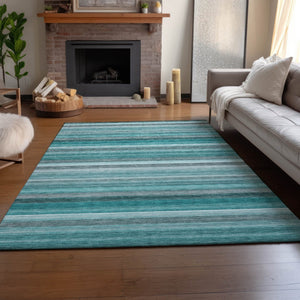 HomeRoots 8' X 10' Stylish Teal, Gray & Ivory Striped Area Rug - Durable, Washable, UV Protected for Easy Care 648056