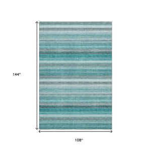 HomeRoots 9' X 12' Stylish Teal Gray Ivory Striped Area Rug - Washable, UV Resistant, Perfect for Family Homes! 648057