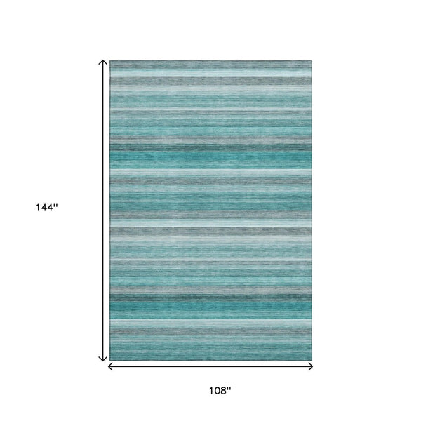 HomeRoots 9' X 12' Stylish Teal Gray Ivory Striped Area Rug - Washable, UV Resistant, Perfect for Family Homes! 648057
