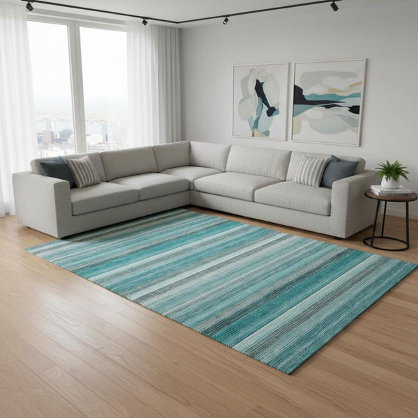HomeRoots 9' X 12' Stylish Teal Gray Ivory Striped Area Rug - Washable, UV Resistant, Perfect for Family Homes! 648057