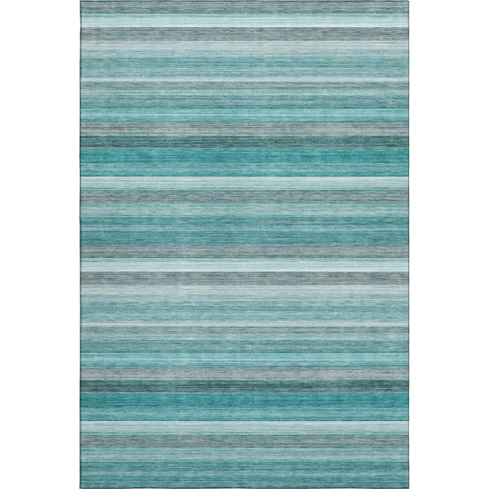 HomeRoots 9' X 12' Stylish Teal Gray Ivory Striped Area Rug - Washable, UV Resistant, Perfect for Family Homes! 648057