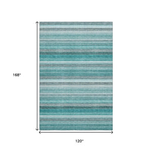 HomeRoots 10' X 14' Stylish Teal Gray Ivory Striped Washable Area Rug - Stain Resistant & UV Protected Design 648058