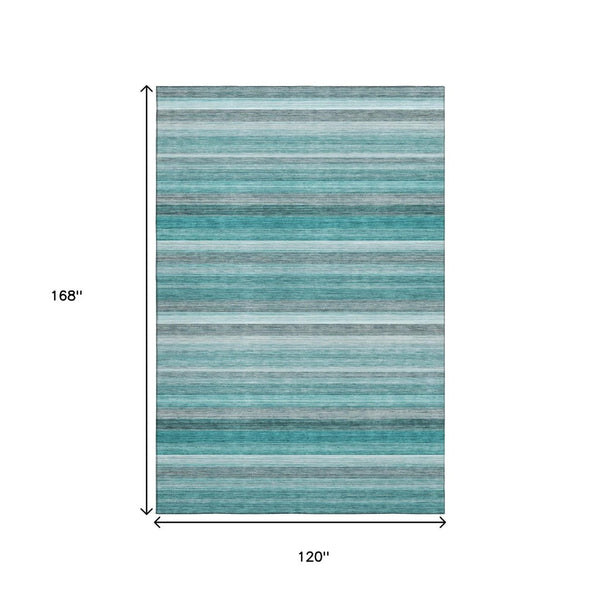 HomeRoots 10' X 14' Stylish Teal Gray Ivory Striped Washable Area Rug - Stain Resistant & UV Protected Design 648058