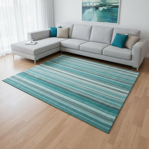 HomeRoots 10' X 14' Stylish Teal Gray Ivory Striped Washable Area Rug - Stain Resistant & UV Protected Design 648058